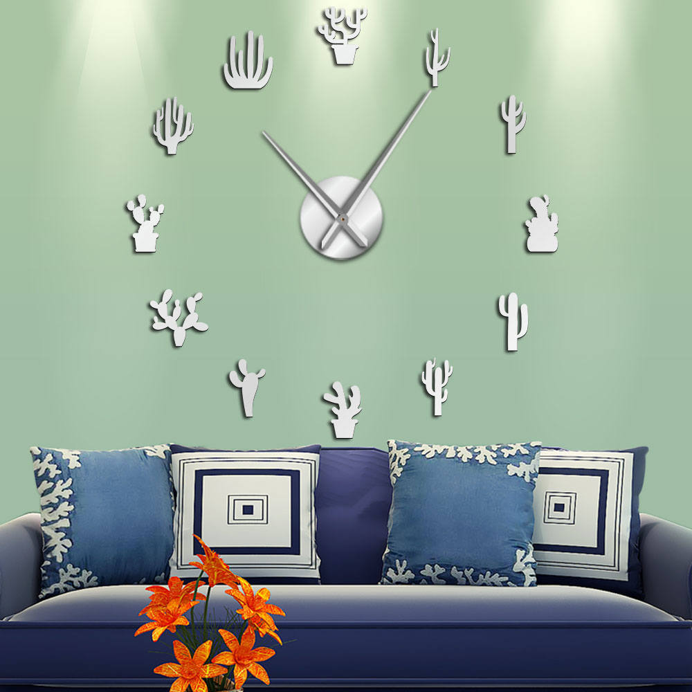 GZ307 Acrylic Mirror Wall Clock - Large Cactus Design