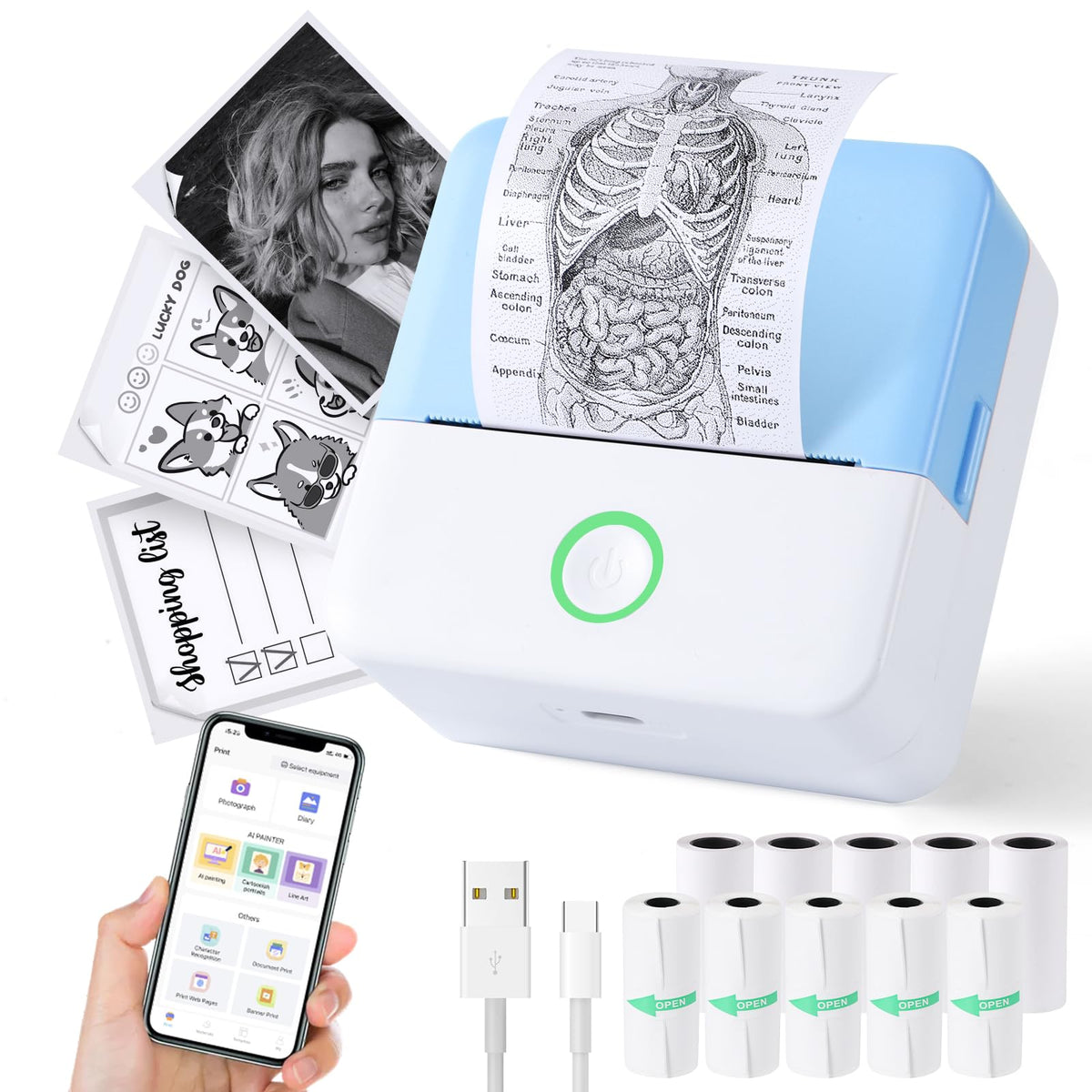 Thermal Mini Printer Portable Inkless Sticker Maker Bluetooth Printer for Phone Wireless Label Printer with Tape Free Cut Small Pocket Printer for Notes&Children DIY Compatible with iOS&Android