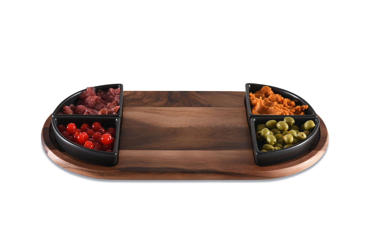 Charcuterie / Serving Tray w/ 4 Triangular Ceramic Bowls