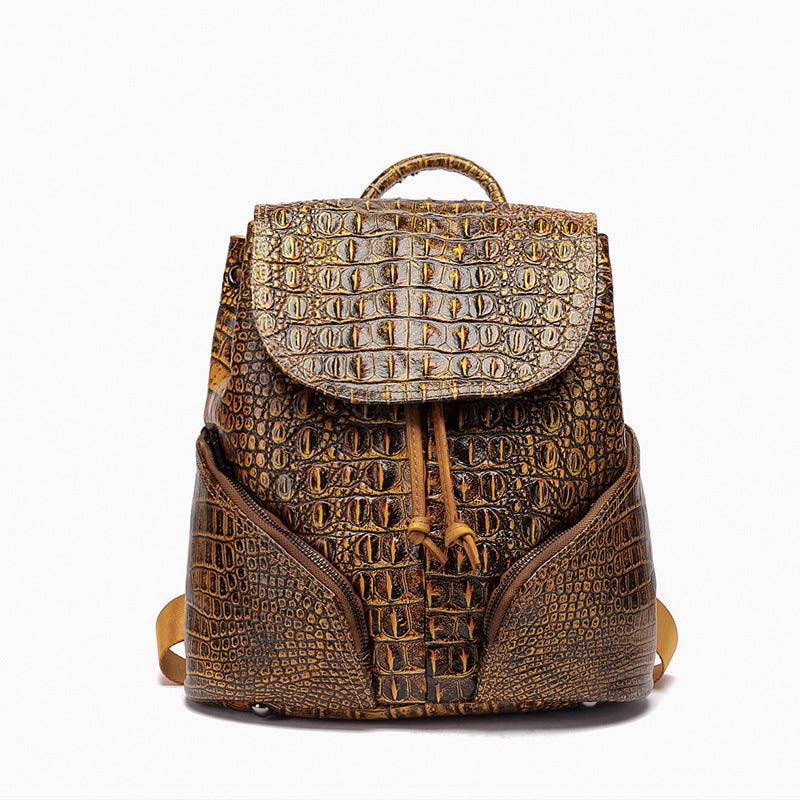 Vintage Style Handcrafted Leather Backpack with Crocodile Pattern