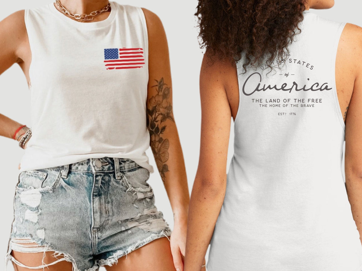 Distressed American Flag - Color Ink (On Left Chest) - USA Est. 1776 (On Back)