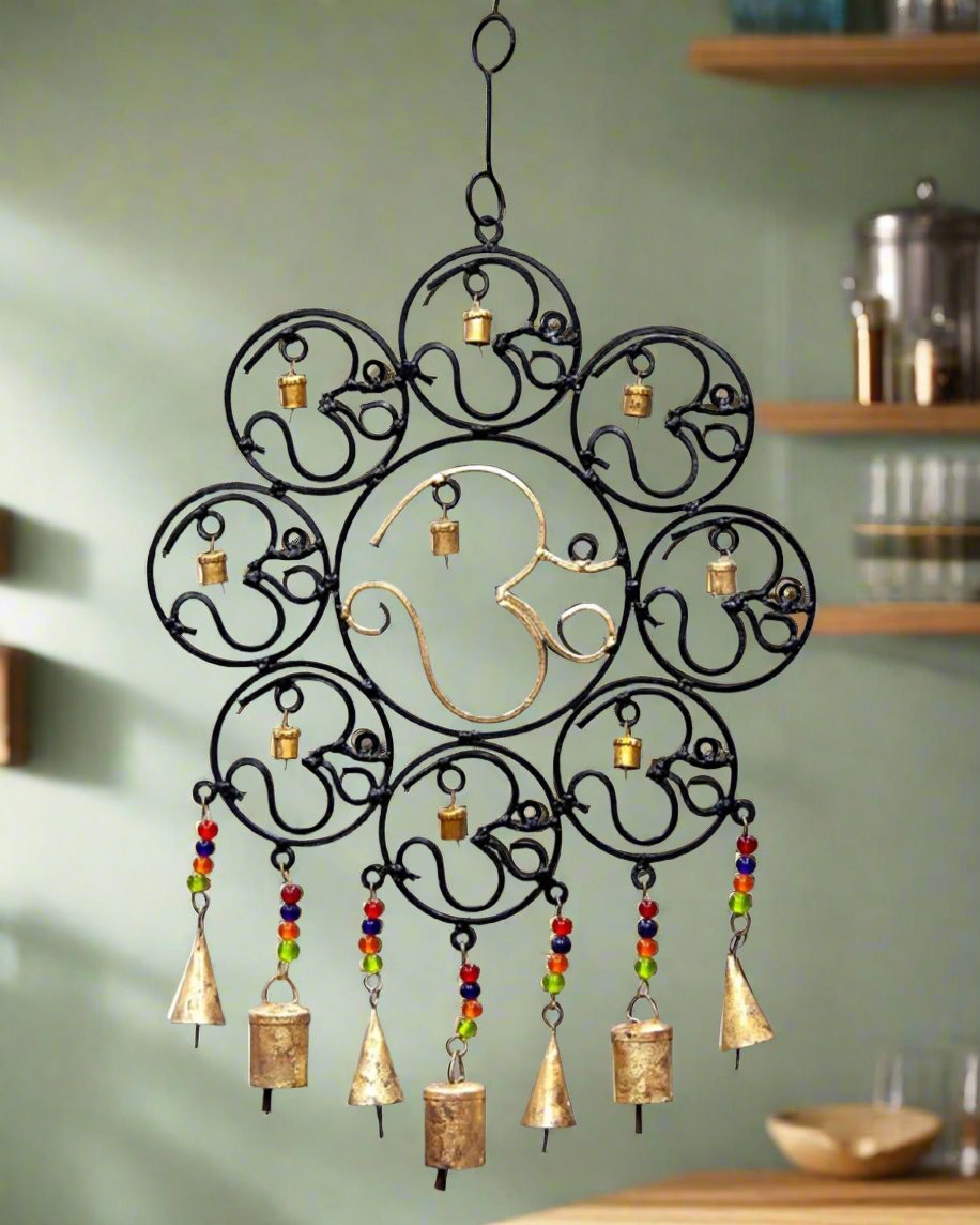 OM Brass Bells with glass beads wall hanging