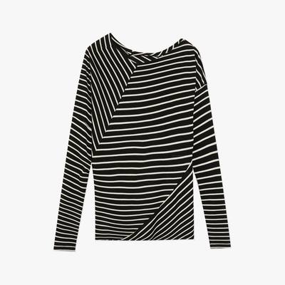 "Picasso Lines" Fashionable Off-Shoulder Lyocell Tencel Wool Blended Draped Patchwork Striped T-Shirt