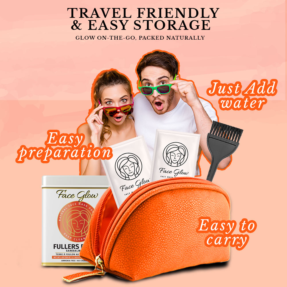 Face Glow- Fuller’s Earth w/ Sandalwood - 12 Individual Sachets of Multani Mitti (10 gm each)- Reusable Brush & Tray Included
