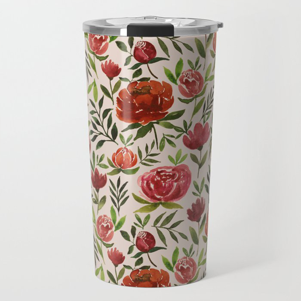 Burgundy Watercolor Floral Travel Mug