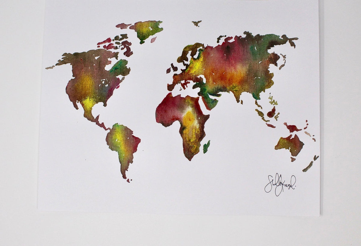 Earthy World Art Print- 11x14 in, Travel Art, Map Artwork, Watercolor Painting, Simple Design