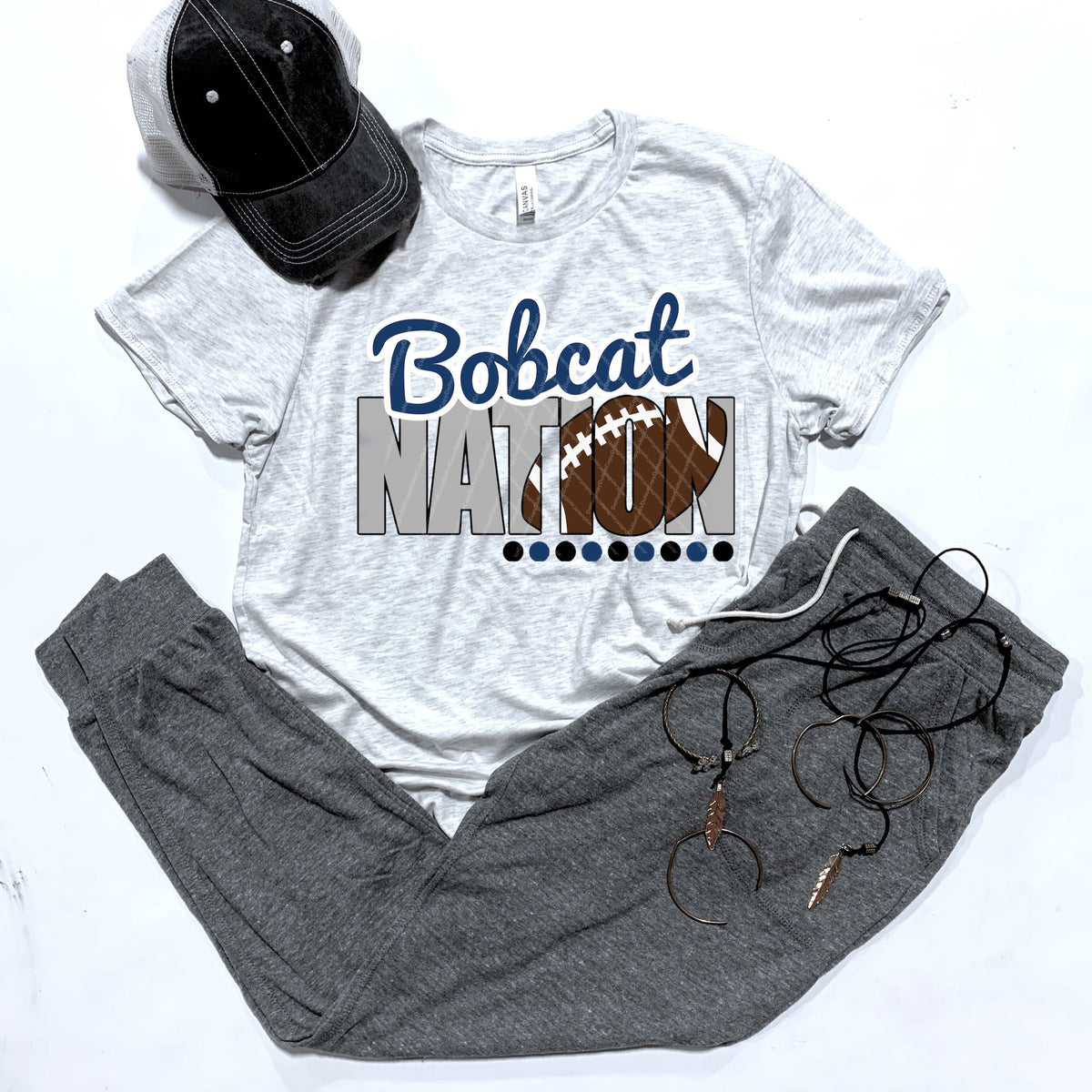 Bobcat Nation w/ Football - Blue & White Text - 13 Color Options