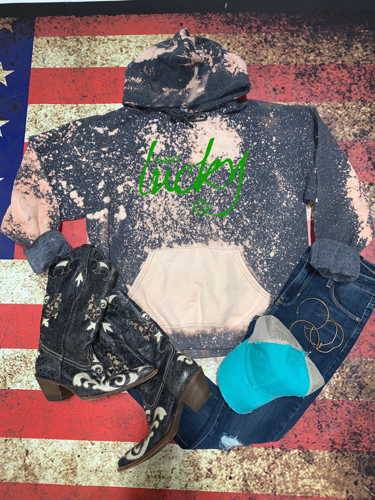 Feeling Lucky - Green Ink - w/ Blank Pocket - Acid Wash Splatter Ht. Black Hoodie