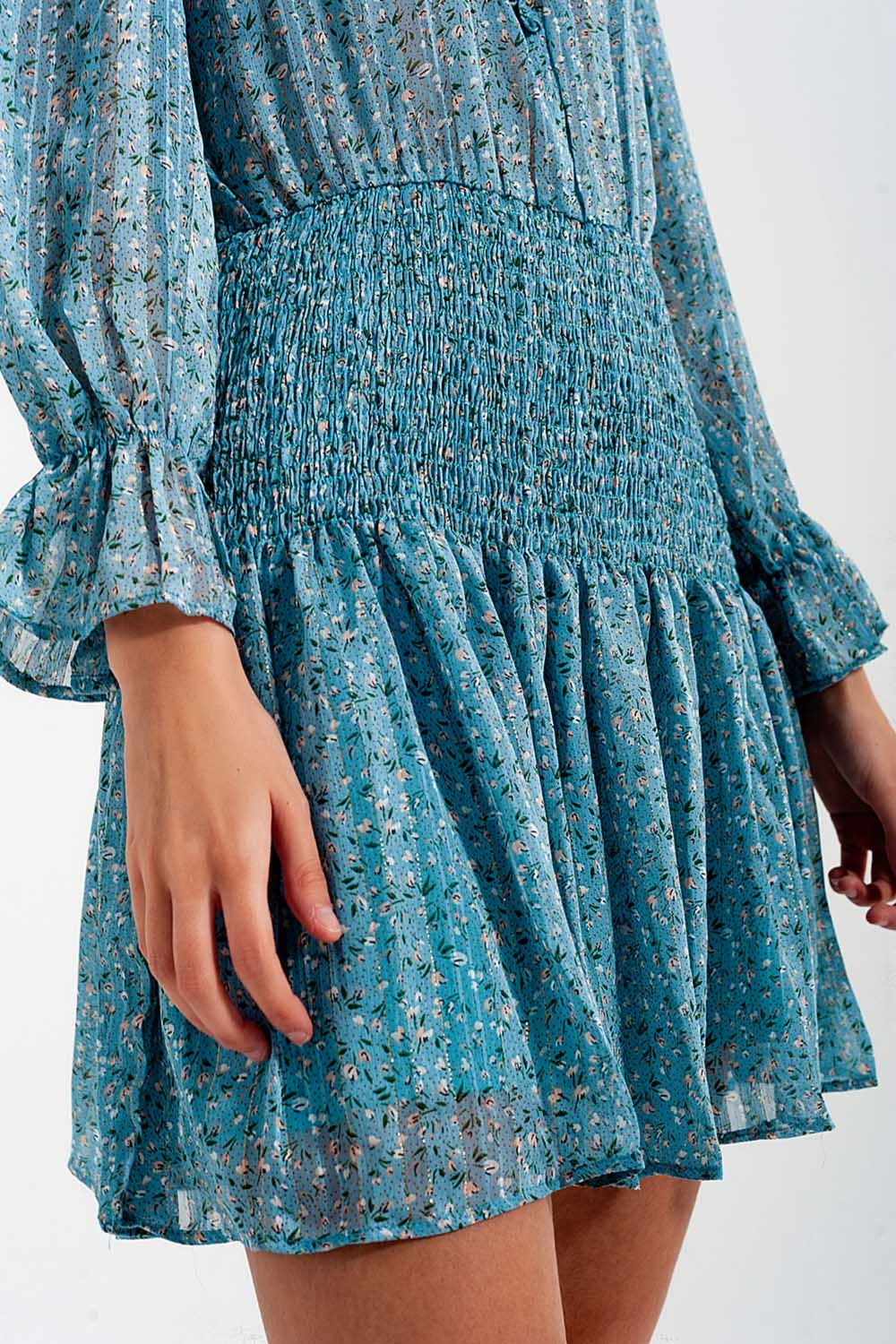 Shirred Skirt Mini Dress With Keyhole Detail in Turquoise
