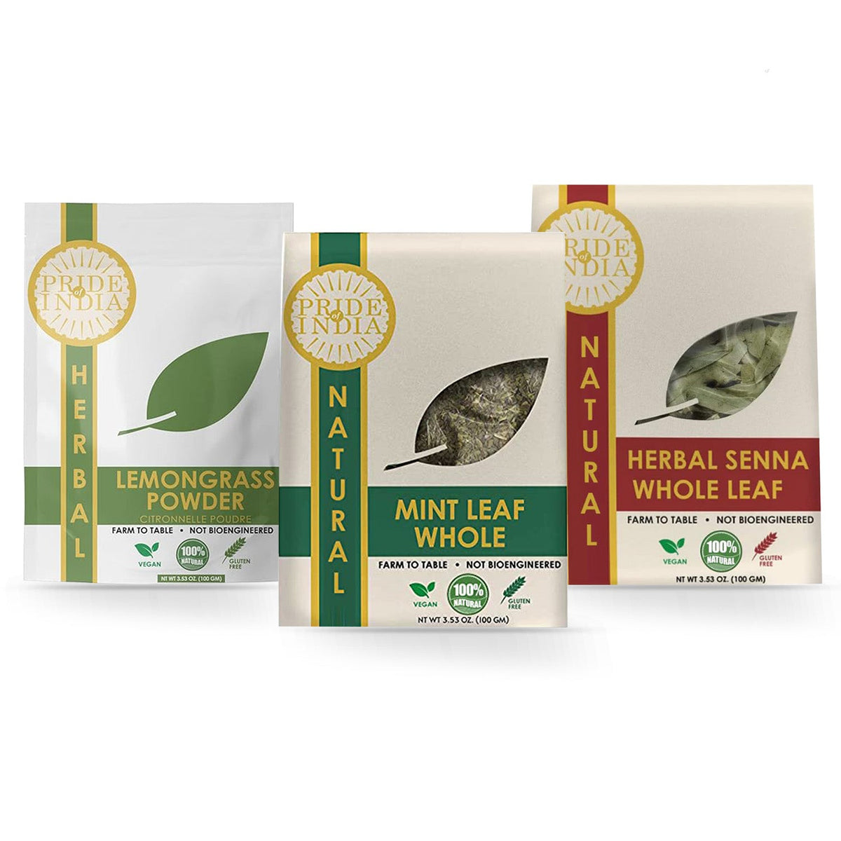 Digestive Health Trio 10.59 oz (300 gm) | Includes Mint Leaf Whole, Lemongrass Fine Cut & Senna Herbal Tea Leaf Whole | Perfect for Hot/Iced Tea, Mocktails | Promotes Inner Wellness | 3 PACK of 3.53 oz