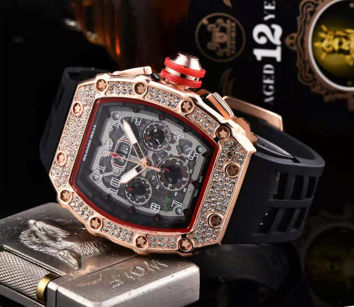 Fashionable 6-Needle Quartz Watch with Rhinestones