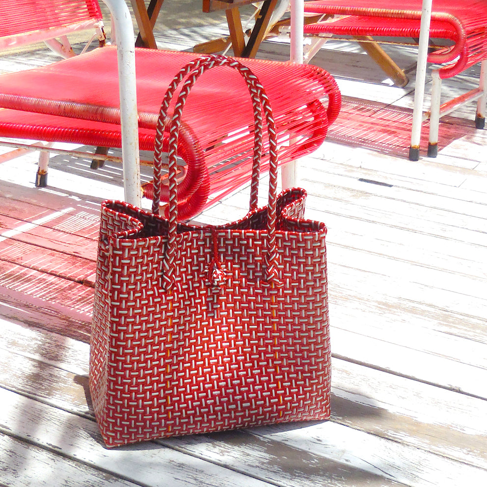 The Toko Recycled Woven Tote Bag in Red & White