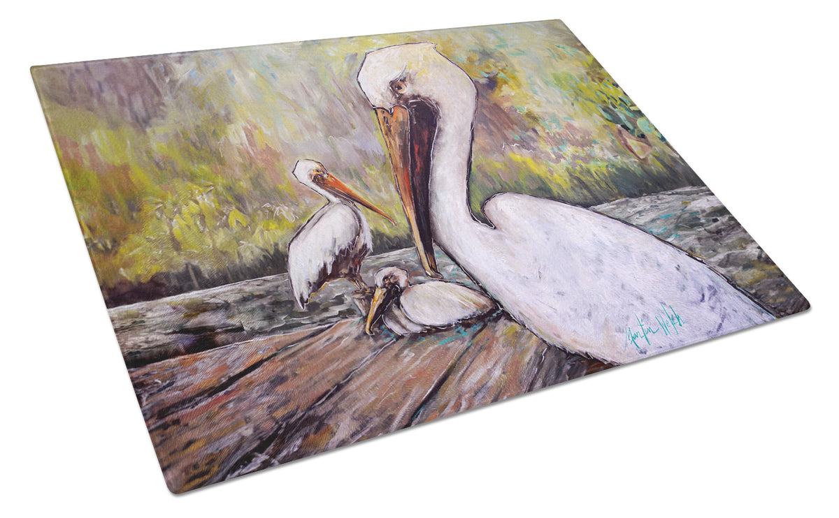 Three Pelicans on a Pier Glass Cutting Board