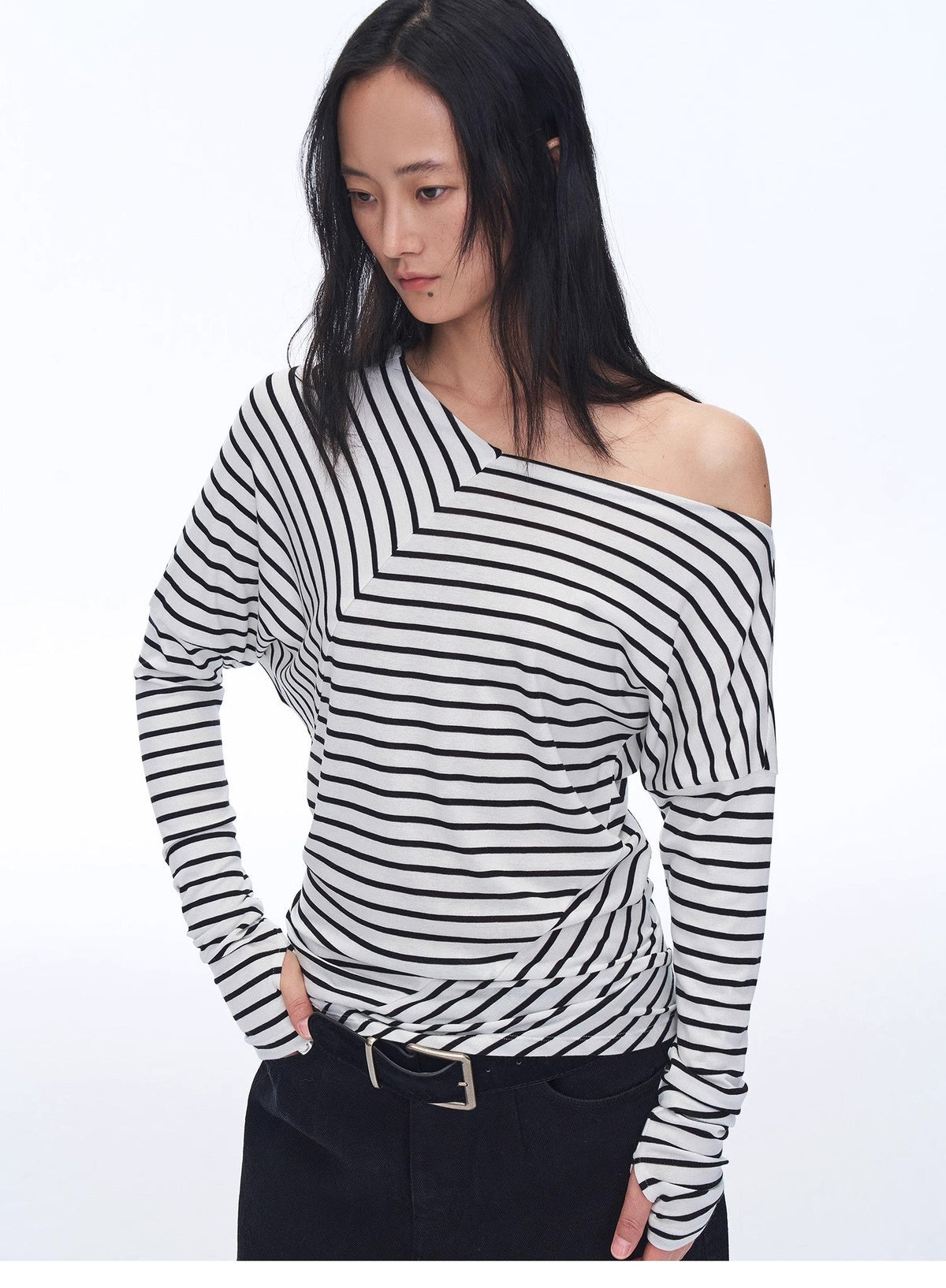 "Picasso Lines" Fashionable Off-Shoulder Lyocell Tencel Wool Blended Draped Patchwork Striped T-Shirt