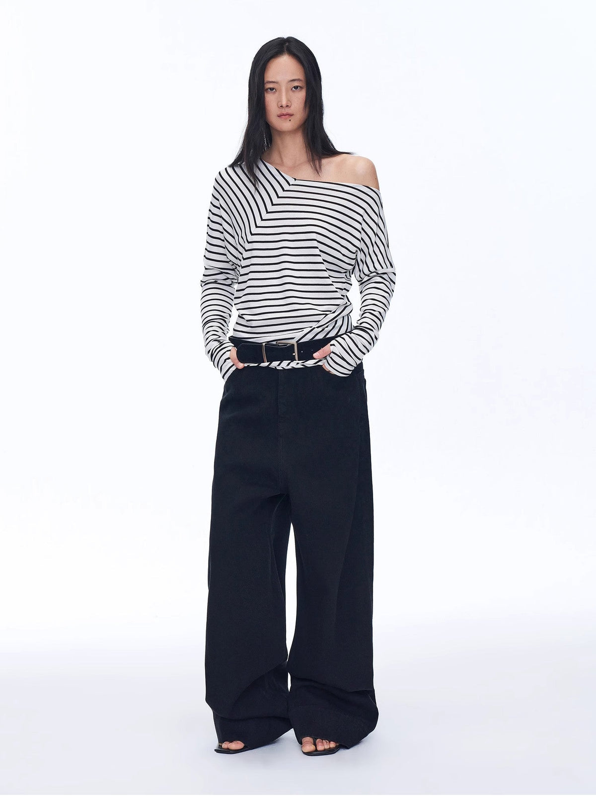 "Picasso Lines" Fashionable Off-Shoulder Lyocell Tencel Wool Blended Draped Patchwork Striped T-Shirt