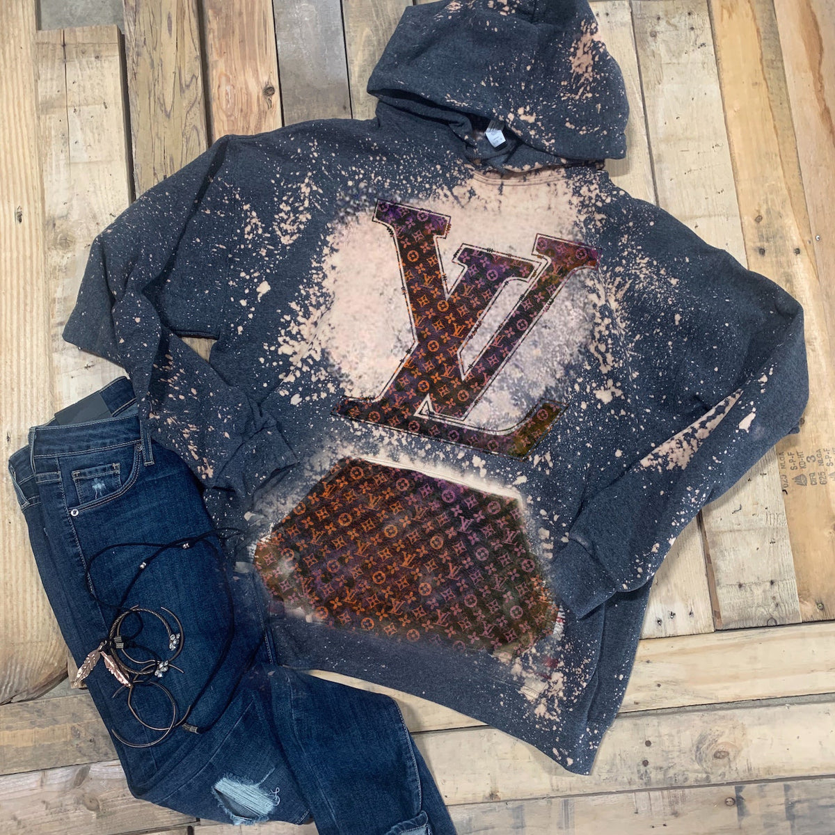 Boujee Letters - Acid Wash Splatter Ht Black Hoodie - w/ Ghost Pocket
