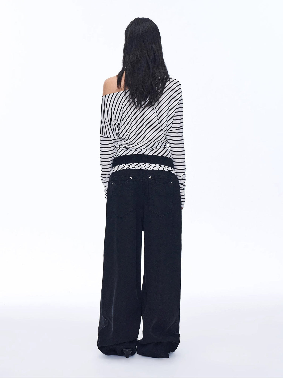 "Picasso Lines" Fashionable Off-Shoulder Lyocell Tencel Wool Blended Draped Patchwork Striped T-Shirt