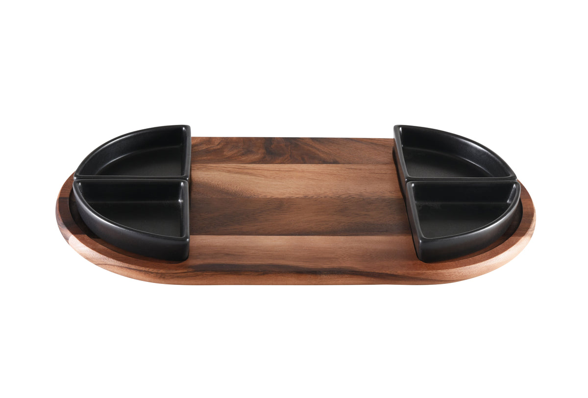 Charcuterie / Serving Tray w/ 4 Triangular Ceramic Bowls