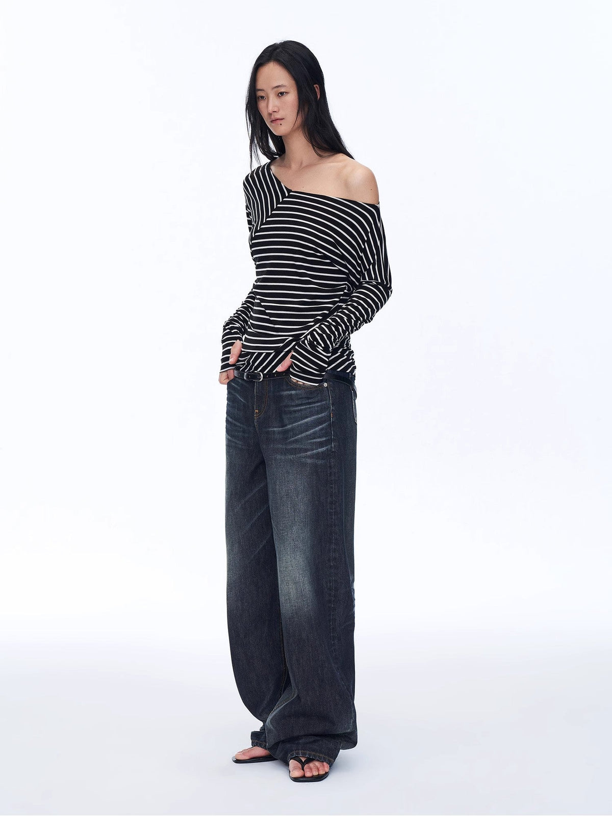"Picasso Lines" Fashionable Off-Shoulder Lyocell Tencel Wool Blended Draped Patchwork Striped T-Shirt