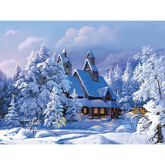 "Cottage Snow Scene Oil Painting Decor"