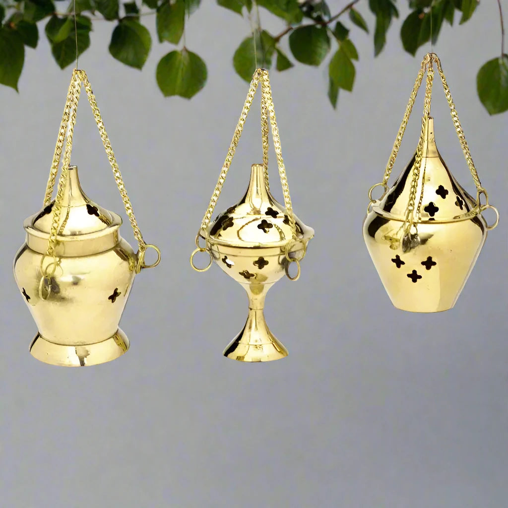OMSutra Hanging Brass Incense Burner  – Resin and Cone Holder Set of 3 - 3.75"