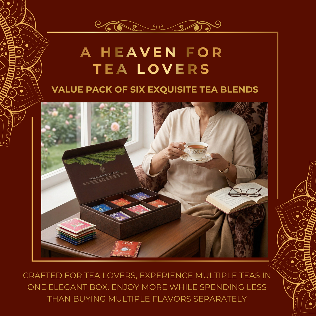 Premium Tea Chest – 6 Flavors, 72 Tea Bags (Classic & Herbal Options)