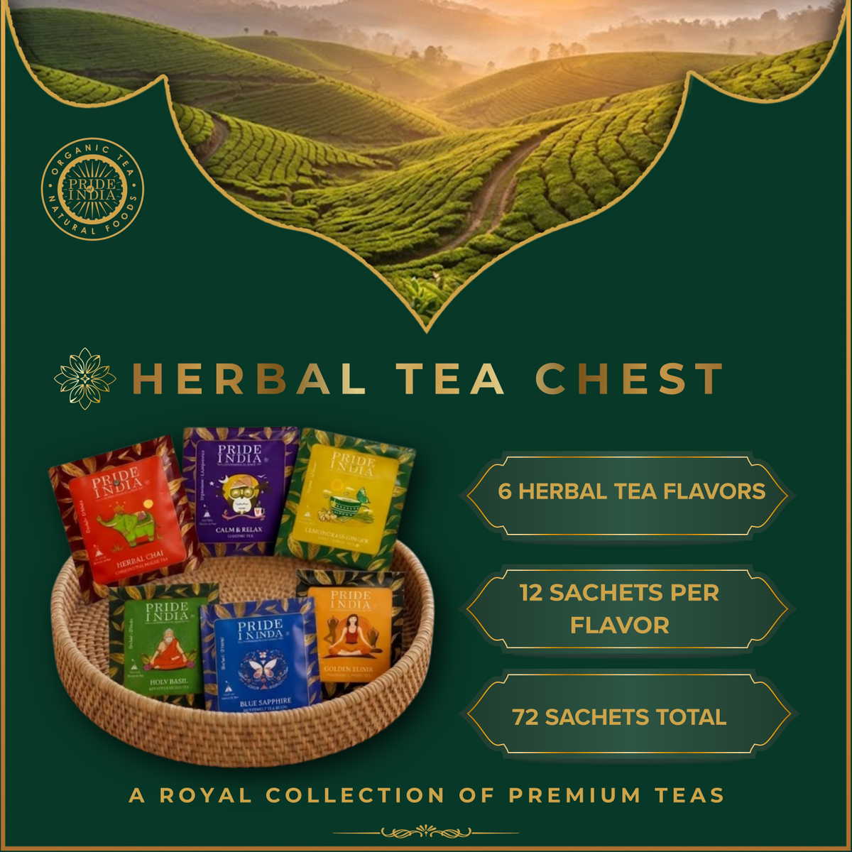 Premium Tea Chest – 6 Flavors, 72 Tea Bags (Classic & Herbal Options)