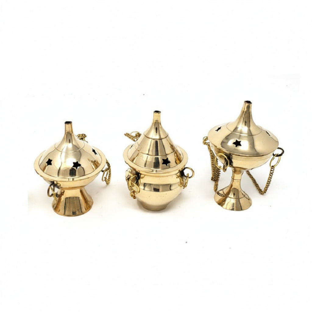OMSutra Hanging Brass Incense Burner  – Resin and Cone Holder Set of 3 - 3.75"