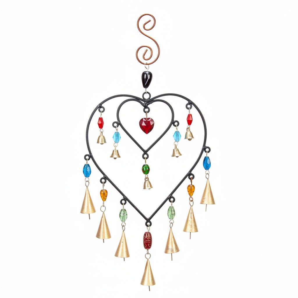 Double Heart Glass Beads Brass bells hanging
