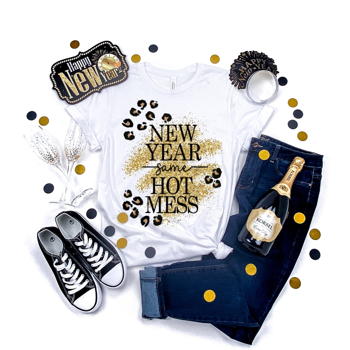 New Year Same Hot Mess w/ Leopard Print & Gold Glitter Print