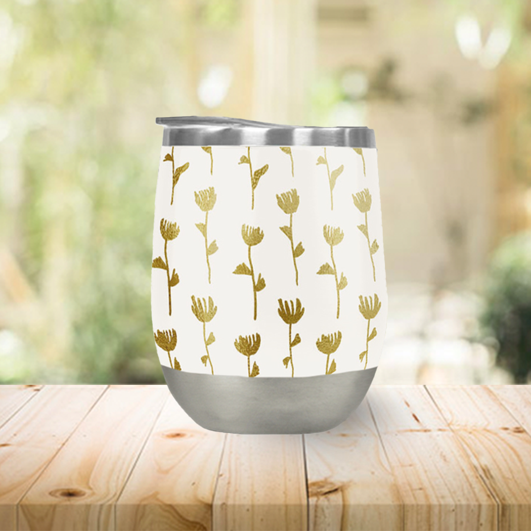 Gold Ink Flower Pattern Stemless Wine Tumbler