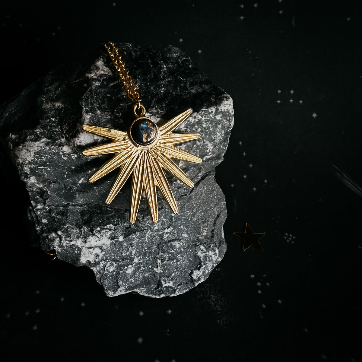 Dark Before the Dawn Sunburst Pendant Necklace with Copper Lapis Lazuli