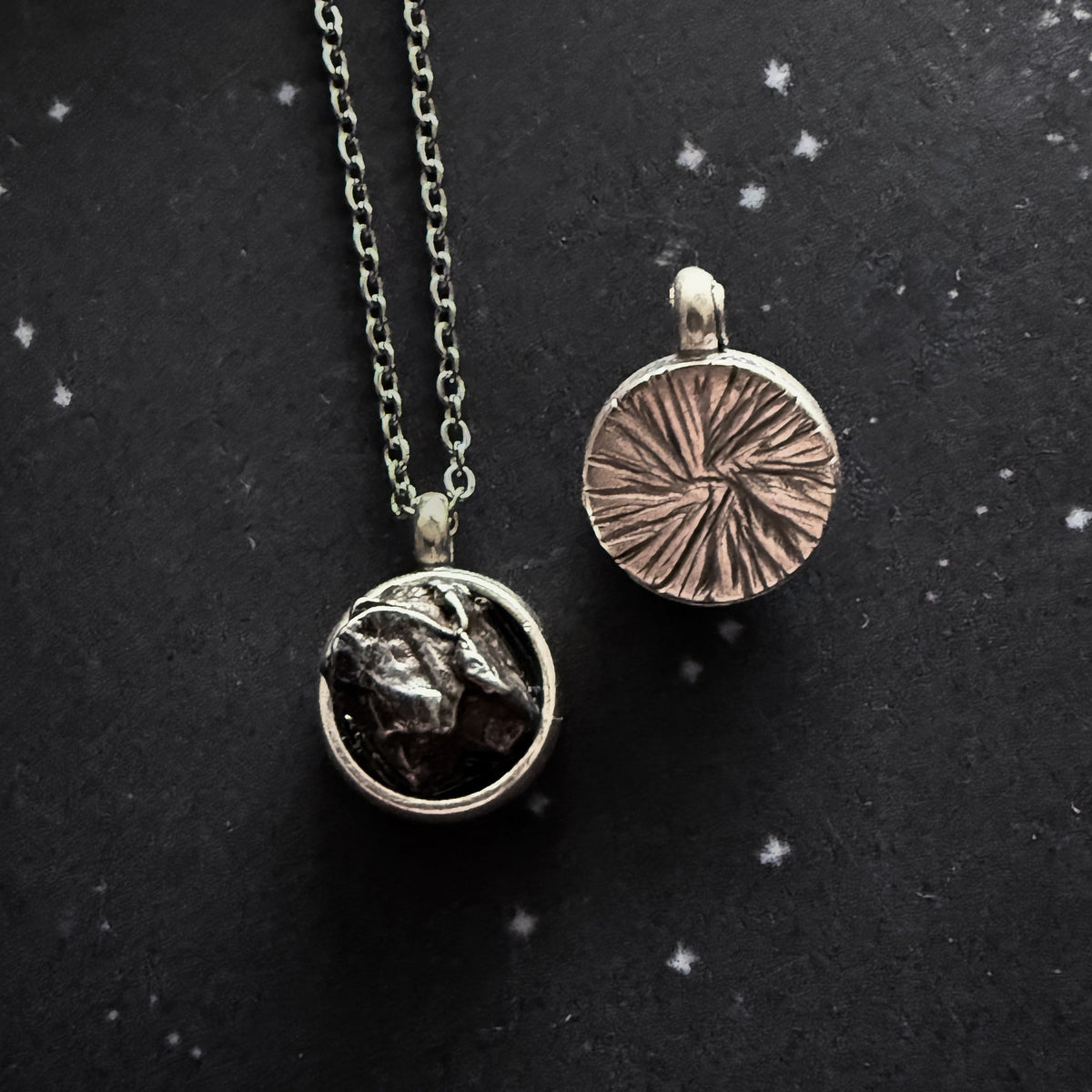 Small Round Meteorite Pendant Necklace in Matte Brushed Silver