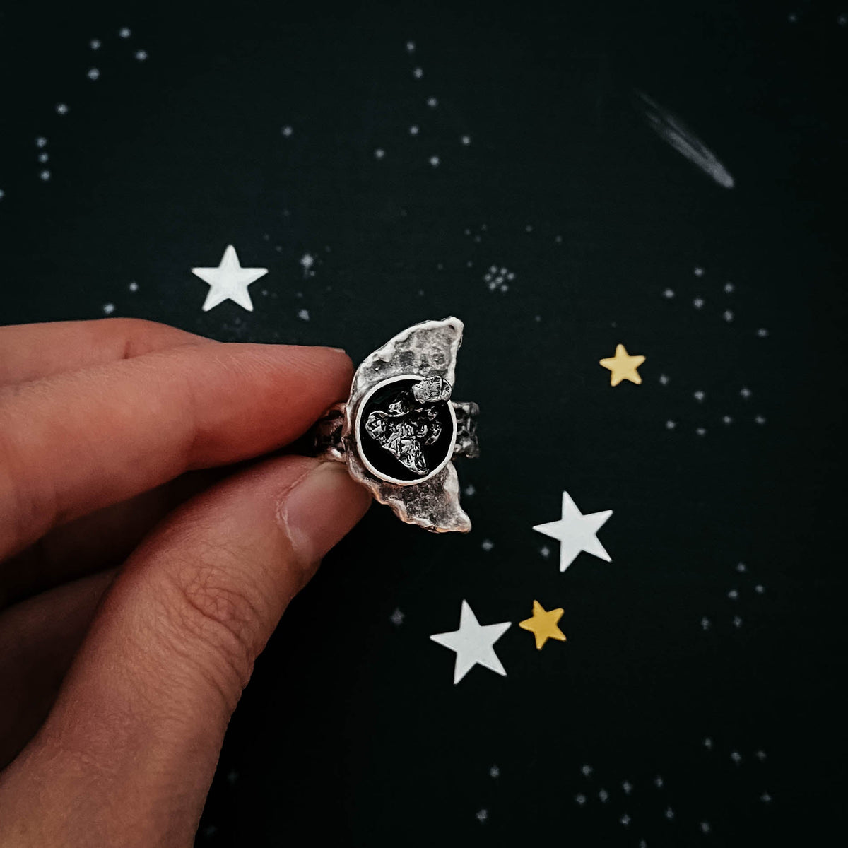 Crescent Moon Ring with Authentic Meteorite