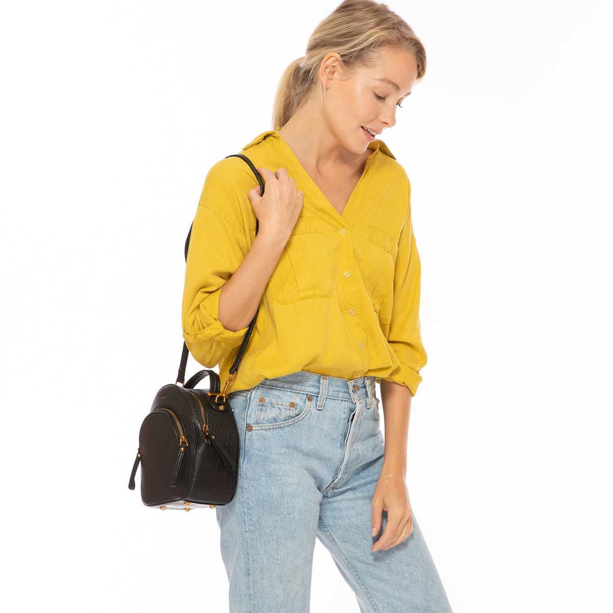 Small Black Leather Backpack Purse for Women Convertible Crossbody Bag