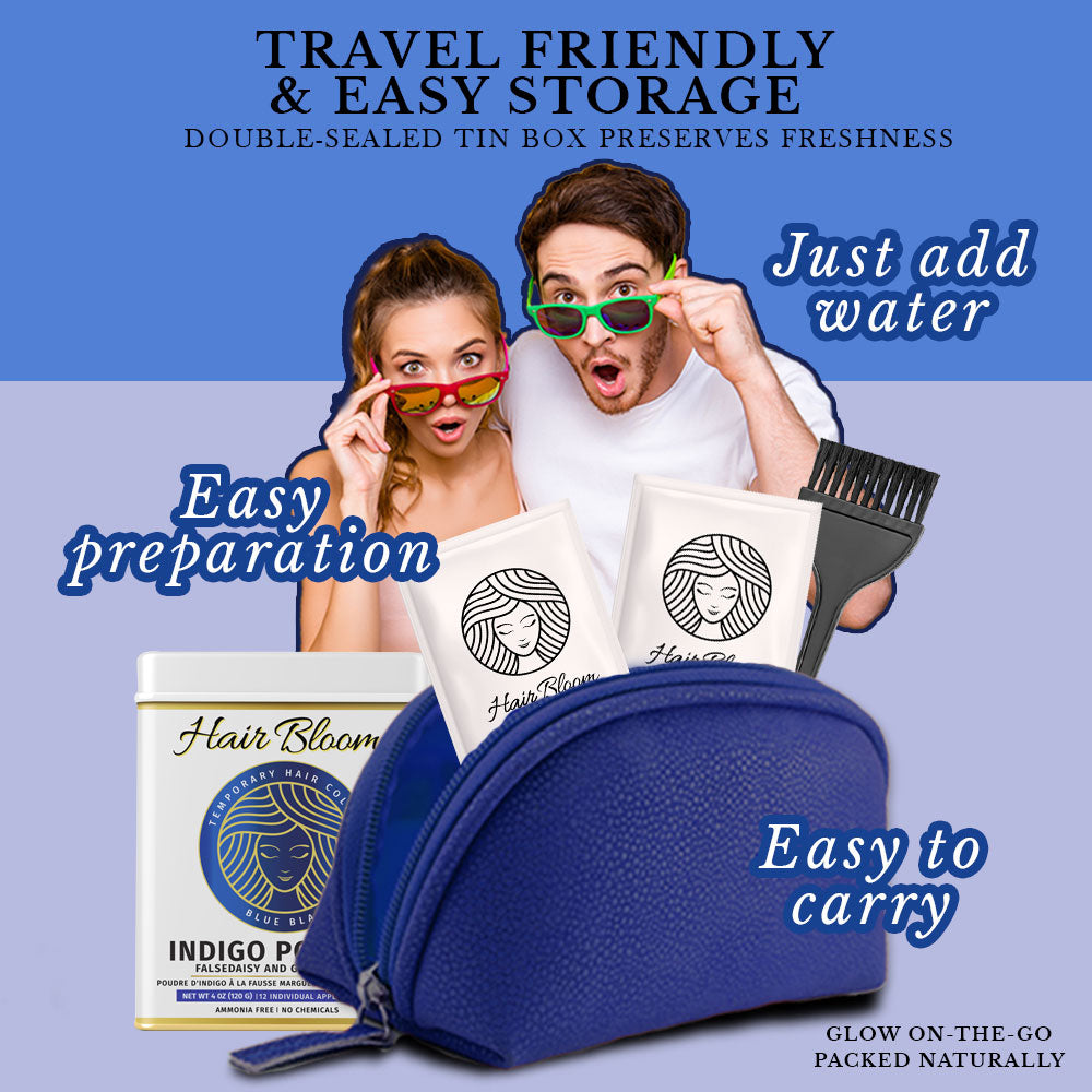 Hair Bloom Natural Blue Black Hair Color- Herbal Indigo w/ False Daisy & Gooseberry Hair Color Powder- 12 individual sachets (10 gm each)- Reusable Brush & Tray Included