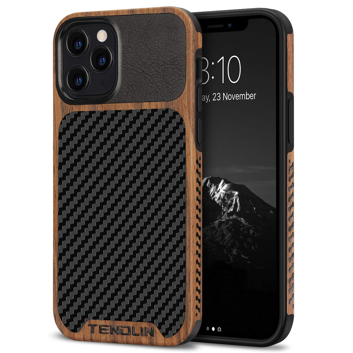 TENDLIN Compatible with iPhone 12 Case/iPhone 12 Pro Case Wood Grain with Carbon Fiber Texture Design Leather Hybrid Case Black