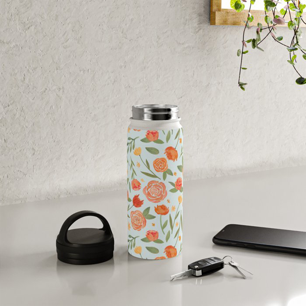 Burnt Orange Floral Handle Lid Water Bottle