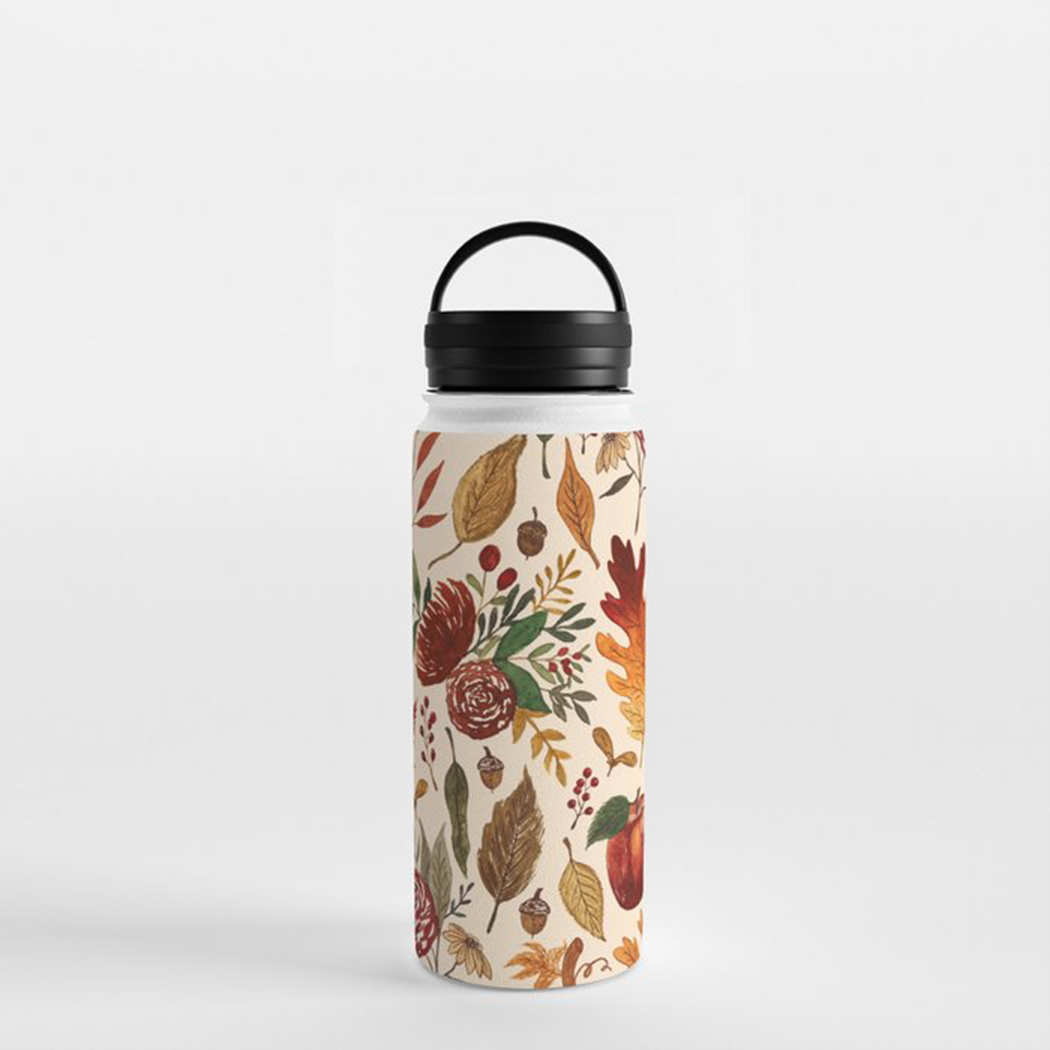 Watercolor Floral Pumpkin, Leaves, & Berries Handle Lid Water Bottle