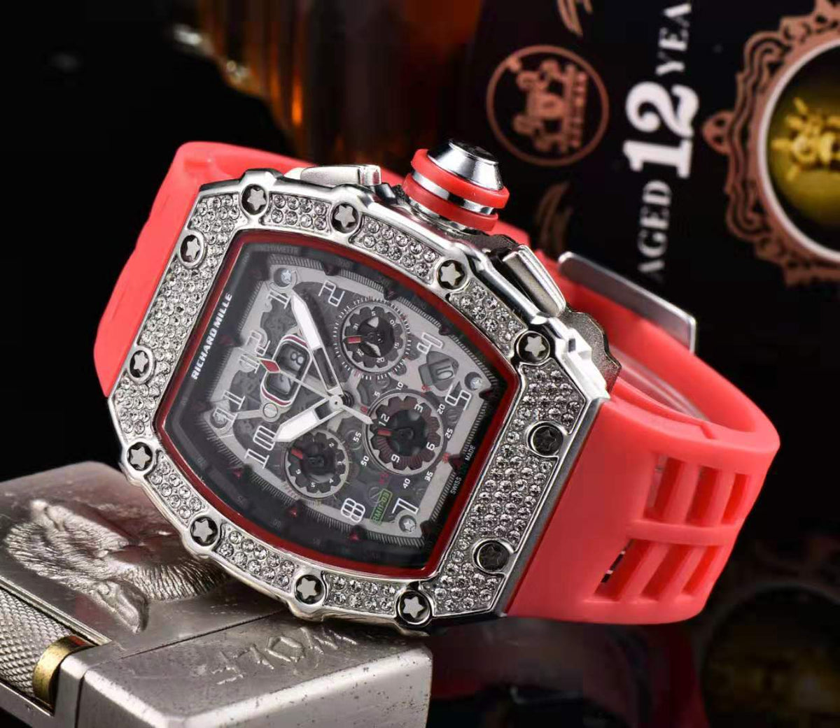 Fashionable 6-Needle Quartz Watch with Rhinestones