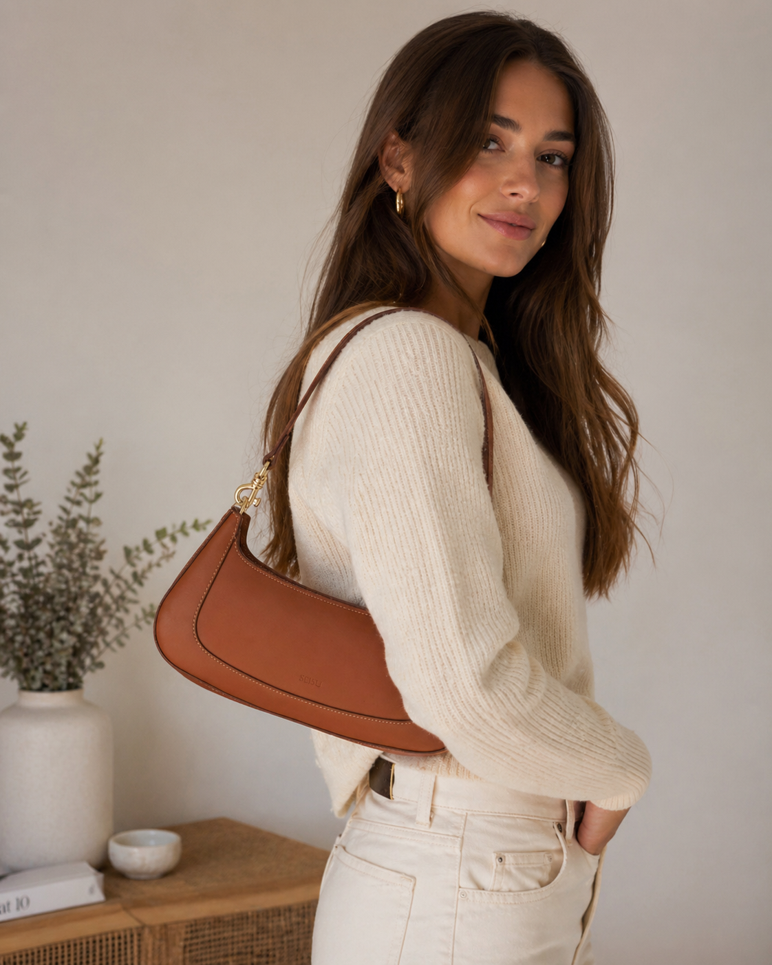 Emily Leather Baguette Bag East West Brown Purse