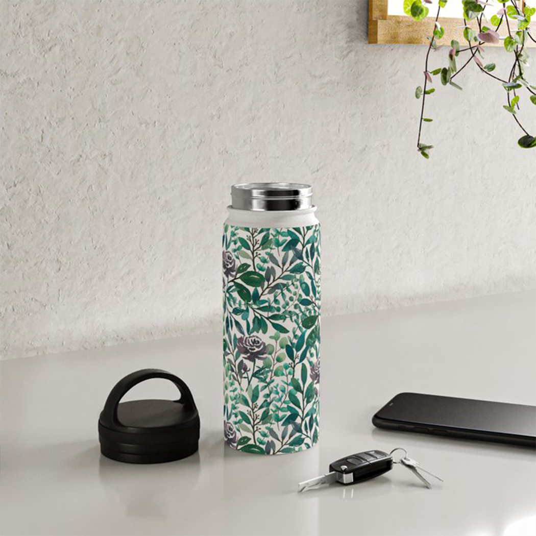 Purple Flowers and Eucalyptus Leaves Handle Lid Water Bottle