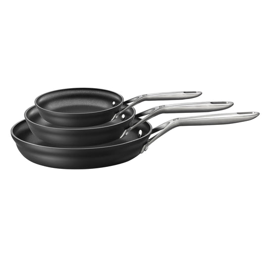 ZWILLING J.A. Henckels Motion Hard Anodized 3-pc Aluminum Nonstick Fry Pan Set 8" fry pan 10" fry pan & 12" fry pan Easy Cleanup Black