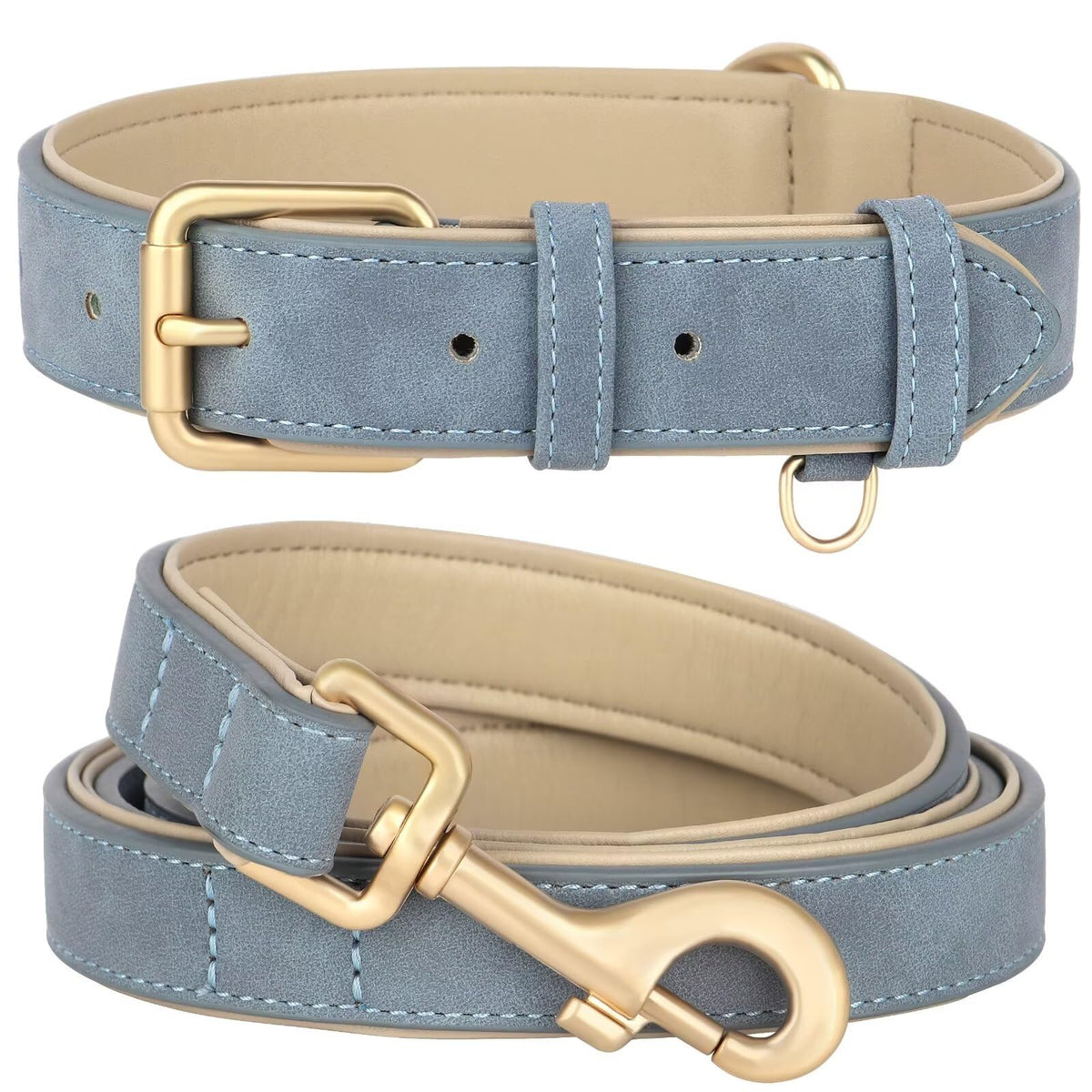 Beirui Soft Padded Leather Dog Collar and Leash Set Heavy Duty Dog Leash and Collar Set with Metal Buckle Breathable Dog Collars with 4FT Leather Dog Leash for Small Medium Large DogsBlueL