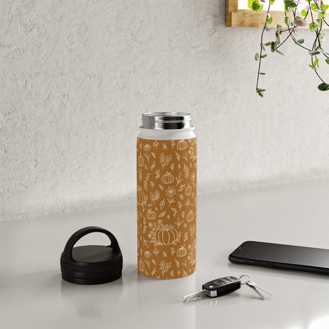Bronze Floral Ink Pumpkin Handle Lid Water Bottle
