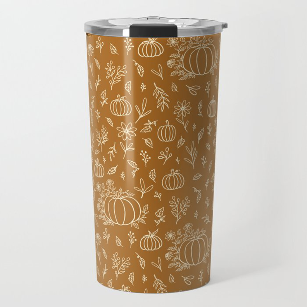 Bronze Floral Ink Pumpkin Travel Mug