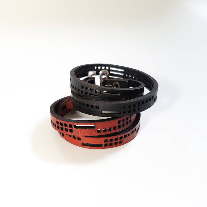 Leather Double Wrap Bracelet - squares motif