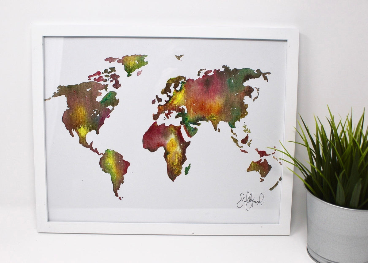Earthy World Art Print- 11x14 in, Travel Art, Map Artwork, Watercolor Painting, Simple Design