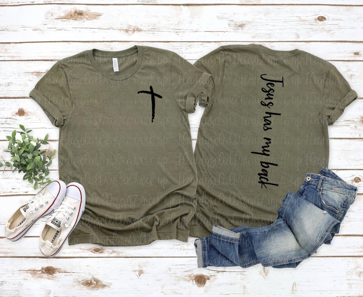 Distressed Cross (On Left Chest) - Jesus Has My Back (Down Center of Back)