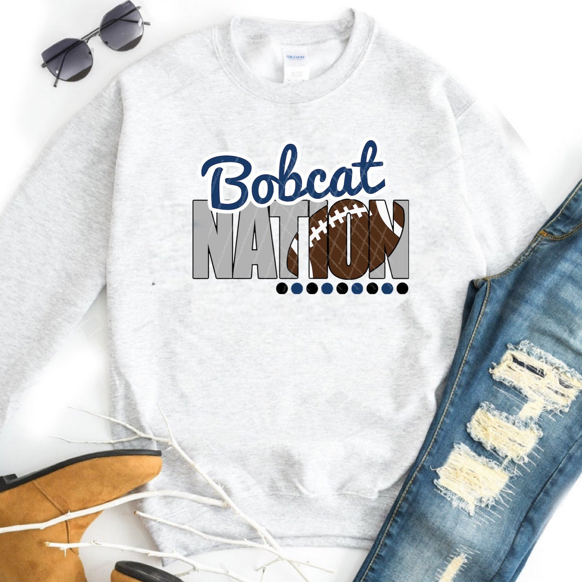 Bobcat Nation w/ Football - Blue & White Text - 13 Color Options